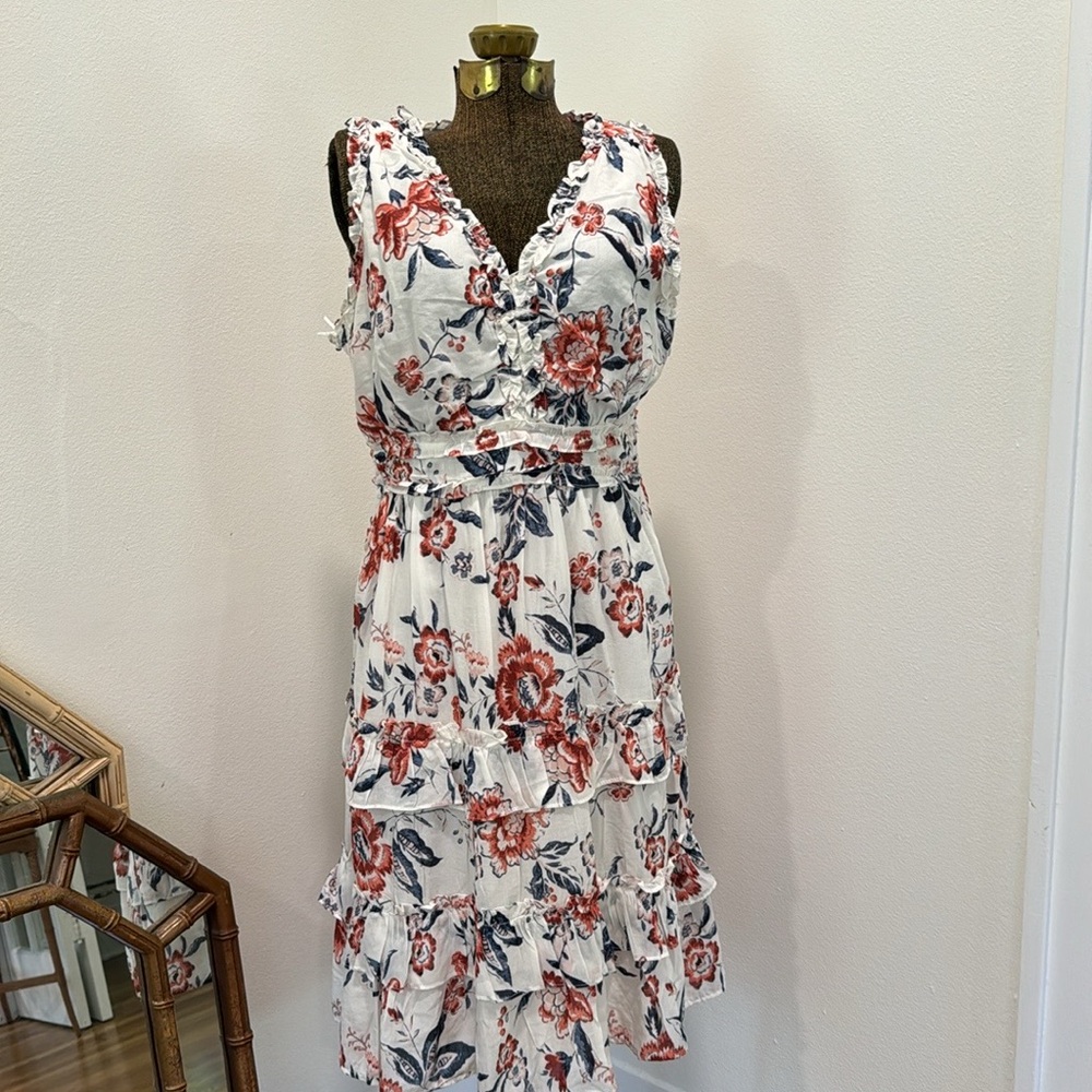 Lucky Brand Midi Dress Women Sz 12 Ruffles Tiered Boho Floral Prairie